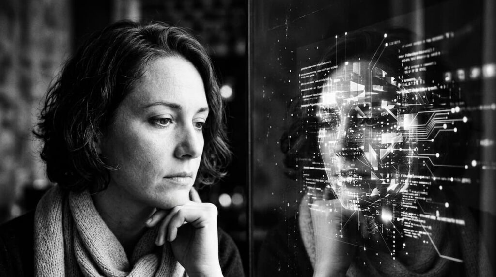 A black and white image of a human face and a digital face mirroring each other