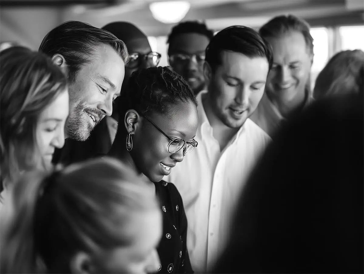 A black and white photo of a team of business people brainstorming